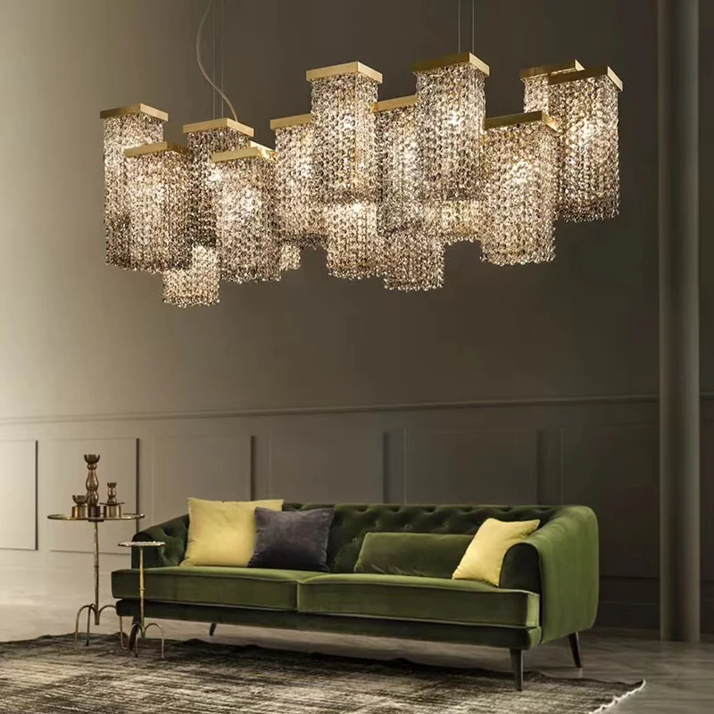 Modern Light Luxury Rectangular Crystal Pendant Chandelier Living Room