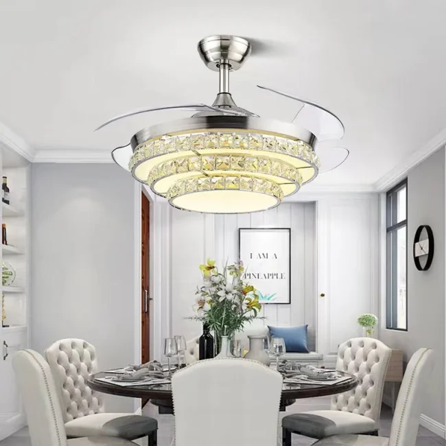 Modern Invisible 3-Blade Fan Light Tiered Crystal Pendant Chandelier for Living/Dining Room