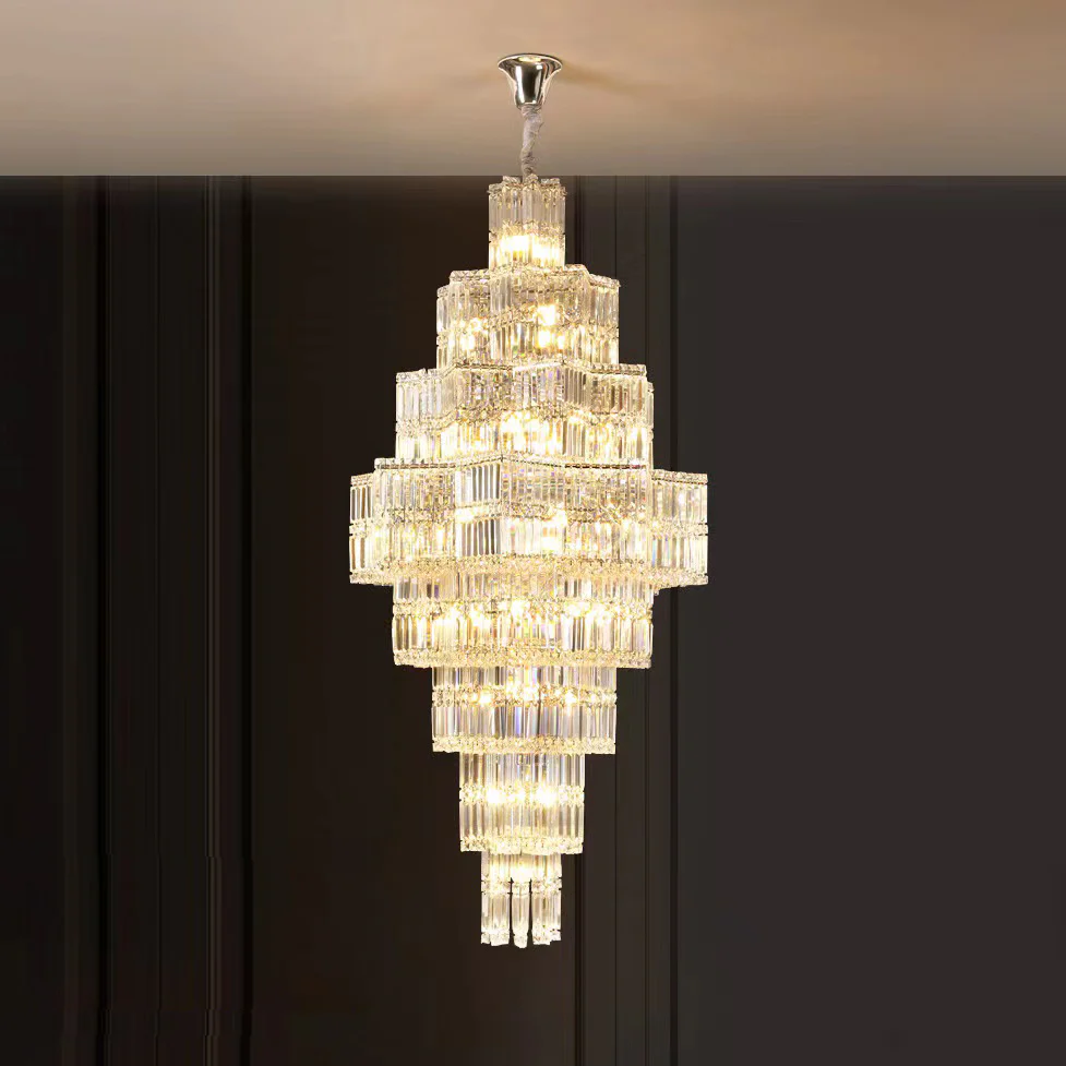 Extra Large Plaza Hall Multi-Tier Crystal Chandelier Foyer Living Room Staircase Ceiling Lighting Fixture In Chrome/ Silver Finish