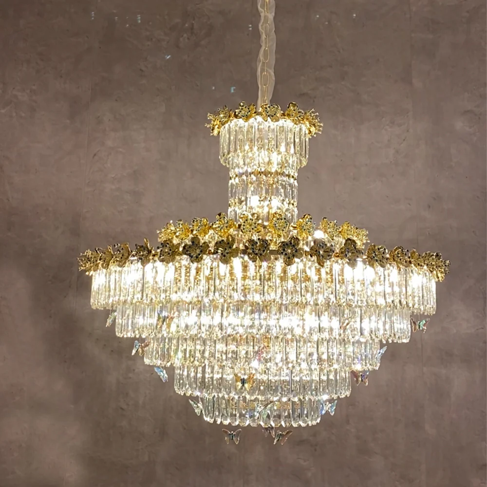 Modern Light Luxury Art Design Butterfly Multi-tiered Round Ctystal Chandelier with Golden Flowers for Living Room/Staircase/Foyer