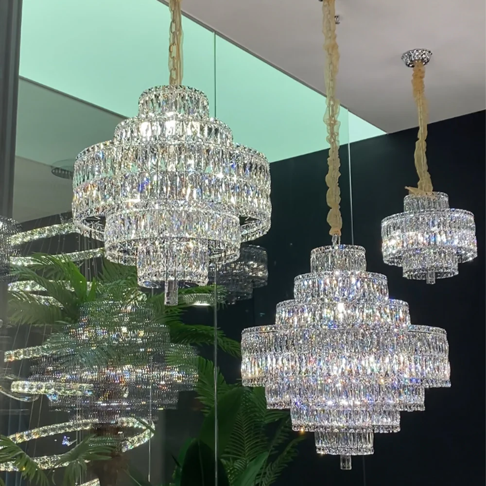 Luxury Multi-layers Silver Round Crystal Chandelier For Living Room