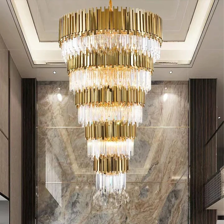 Modern Gold Finish Multilayer Pendant Chandelierfor Large Staircase