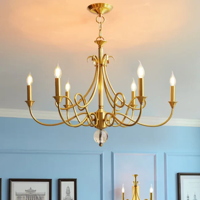 Candle Light Chandelier|Farmhouse Ceiling Fixtures|Natural Brass E14 Adjustable Length - Image 2