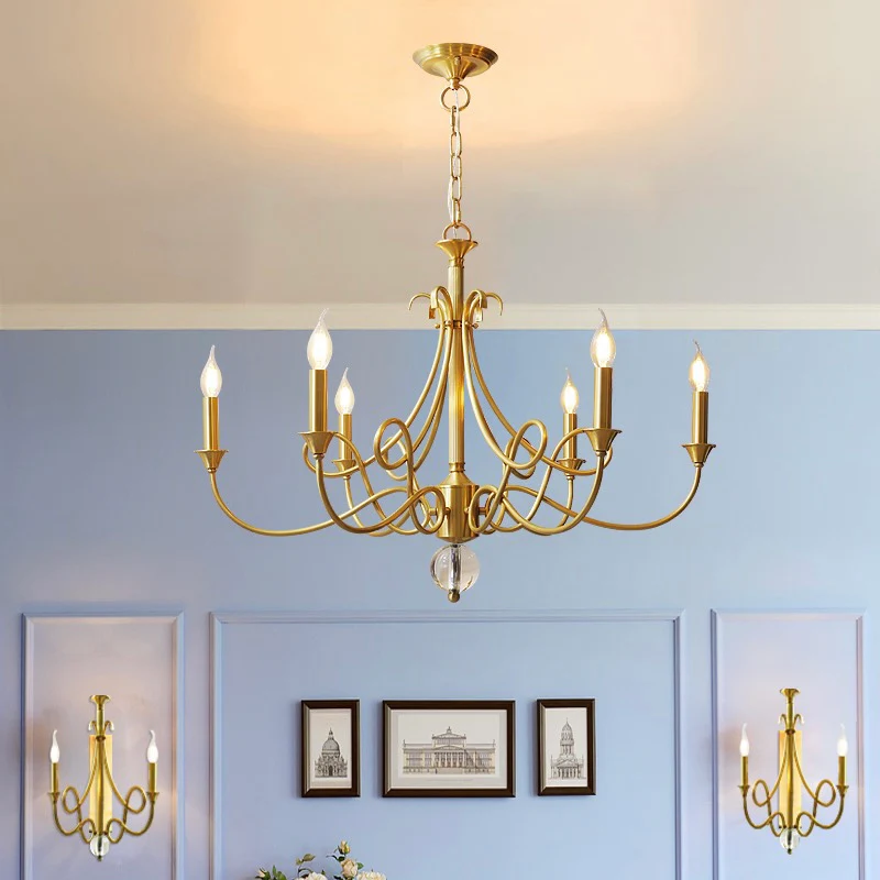 Candle Light Chandelier|Farmhouse Ceiling Fixtures|Natural Brass E14 Adjustable Length