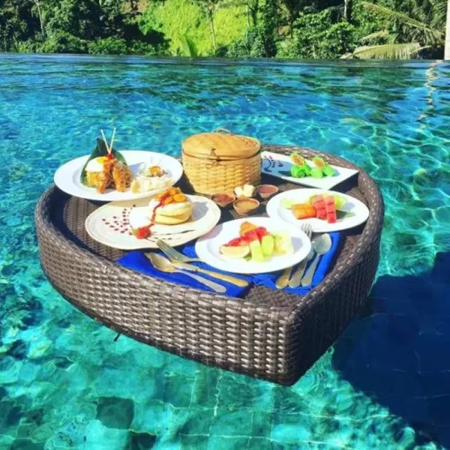 Swimming pool floating breakfast tray water basket rattan party serving tray