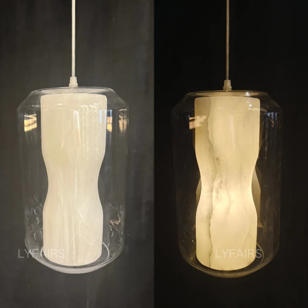 Scandinavian Art Glass Shade Natural Marble Pendant Light for Bedside/Kitchen Island/Staircase - Image 3