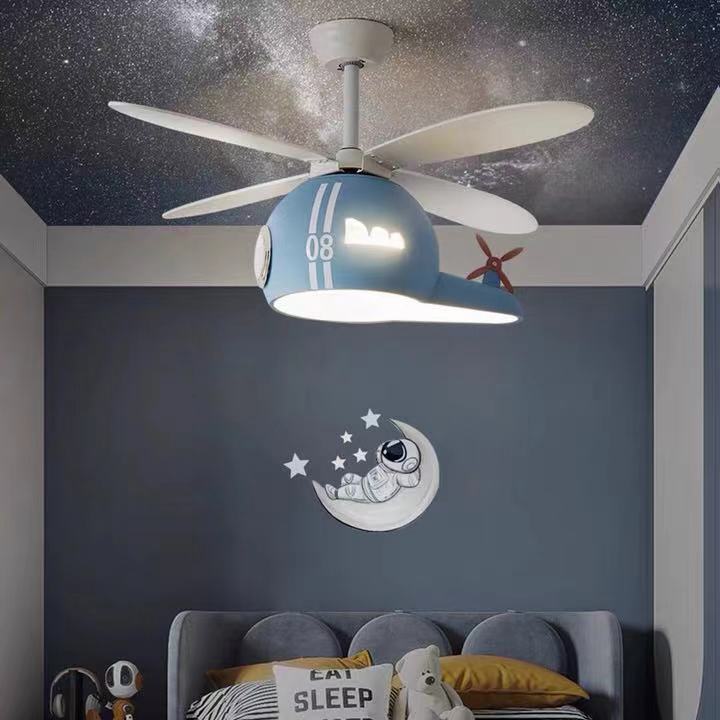 Macaron Children’s Airplane Fan Light Creative Cartoon Helicopter Ceiling Fan Bedroom Lamp