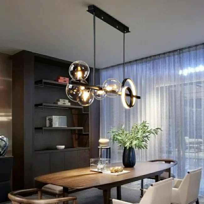 Modern Kitchen Island Glass Globe Ceiling Lighting Fixture Black Pendant Chandelier For Long Dining Table - Image 3