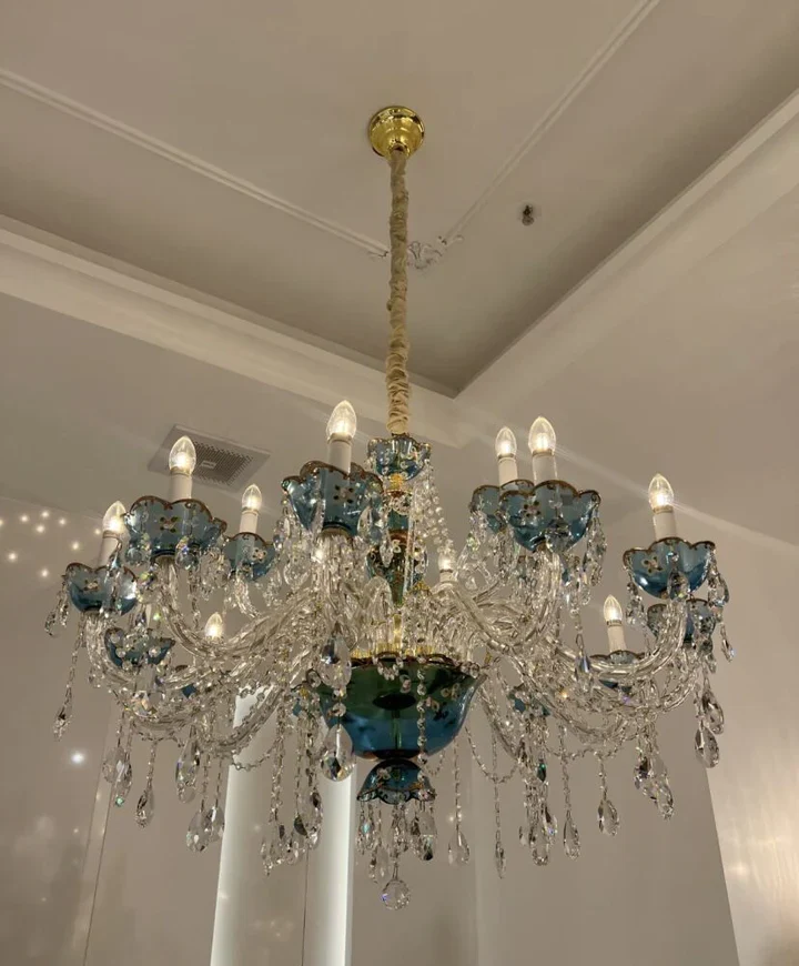 French Romantic Blue Crystal Designer Chandelier Modern Art Candle Branch Light Fixture For Bedroom/Living Room/Dining Room