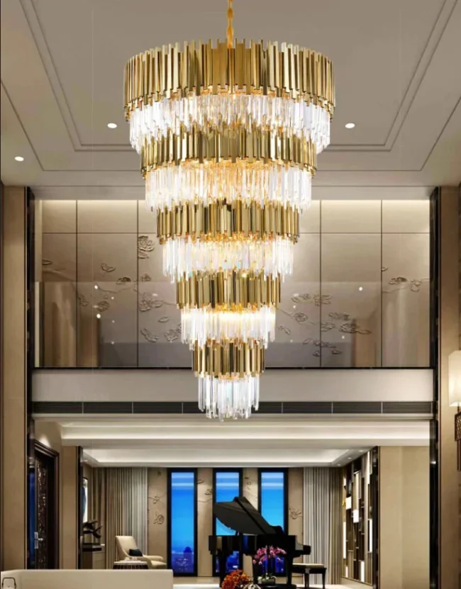 Modern Gold Finish Multilayer Pendant Chandelierfor Large Staircase - Image 3