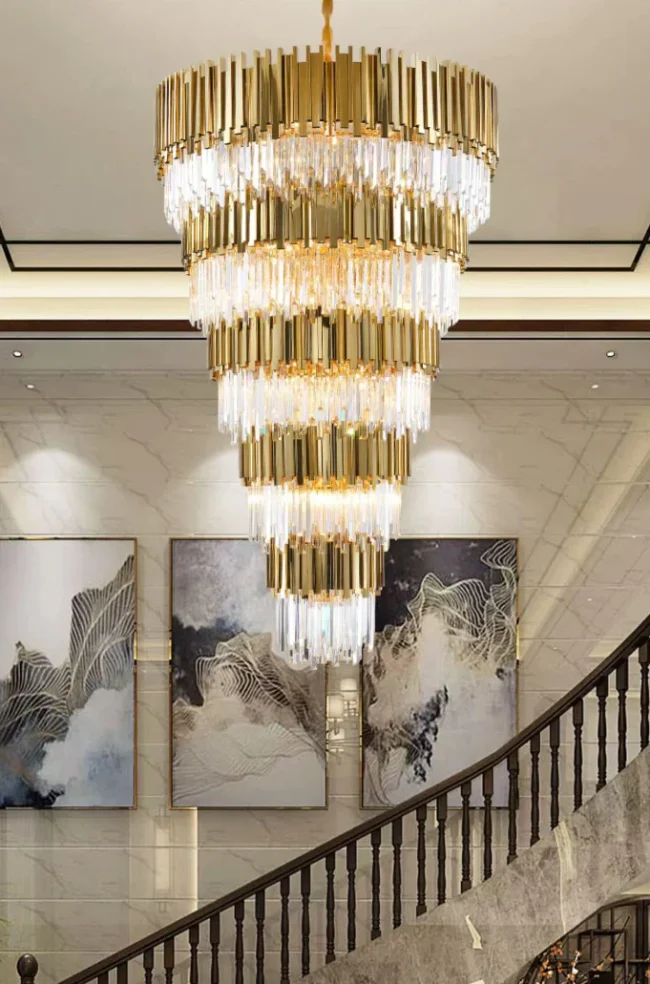 Modern Gold Finish Multilayer Pendant Chandelierfor Large Staircase - Image 2