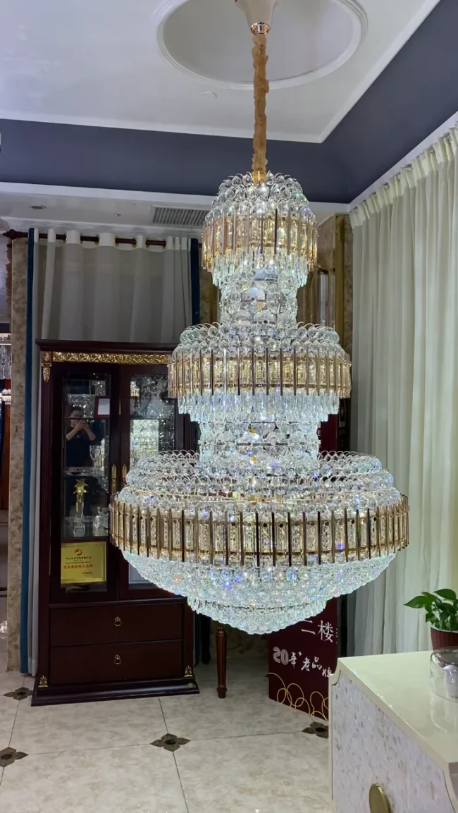 Golden Era Grand Cascade Amber&Clear Crystal Chandelier for High-ceiling - Image 3