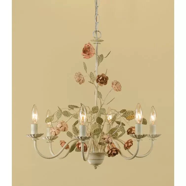 American Country Style Rustic Vintage Wrought Iron Flower Rose Chandelier Art Lamp for Bedroom Study Dining Room