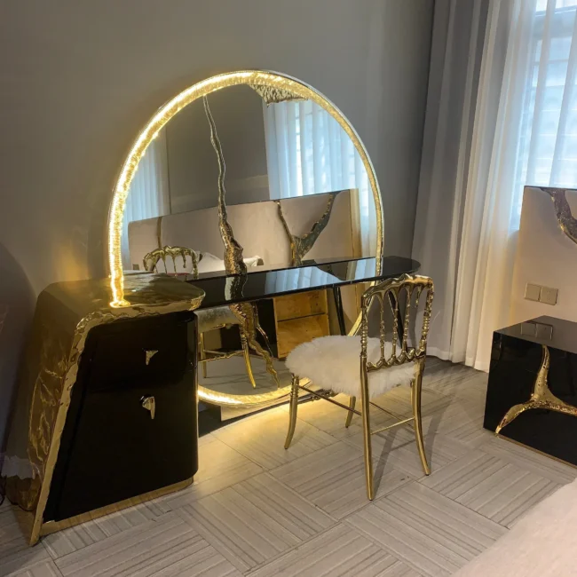 Luxury Brass Finish Marble Dressing Mirror Table