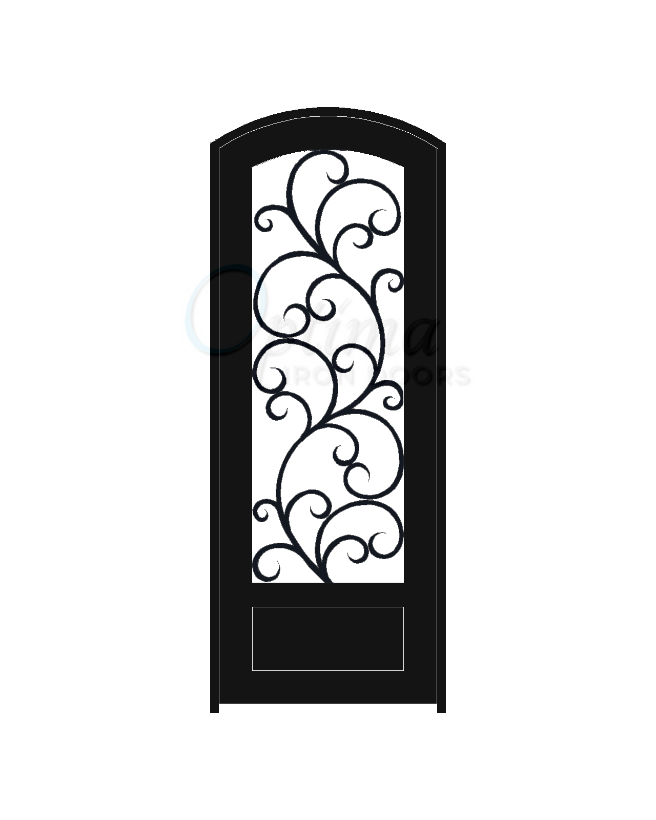 ALAMO* Standard Profile Arch Top 3/4’s Lite Decorative Glass Single Iron Door