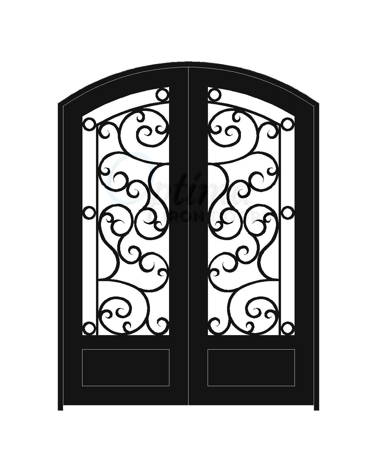 ATHENAS Standard Profile Arch Top 3/4’s Lite Decorative Glass Double Iron Door