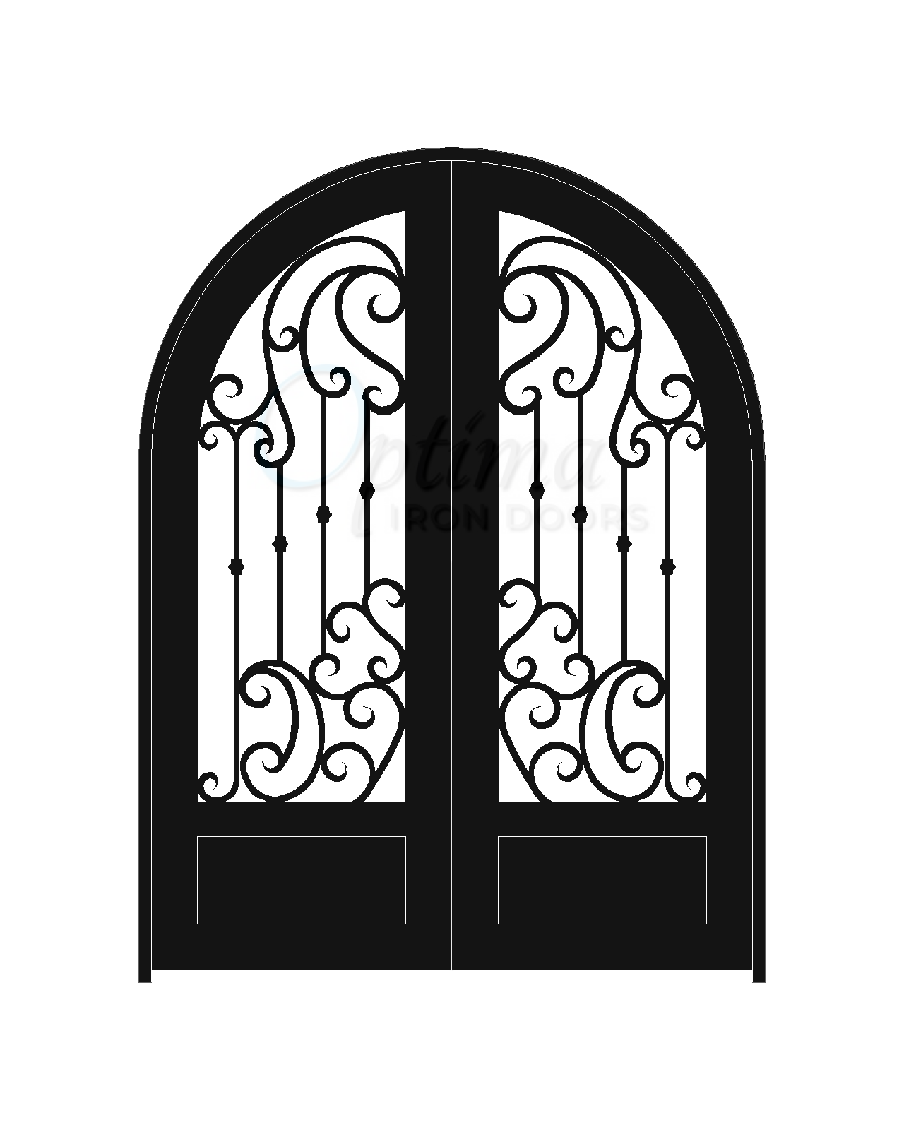 BRINA Standard Profile Radius Top 3/4’s Lite Decorative Glass Double Iron Door