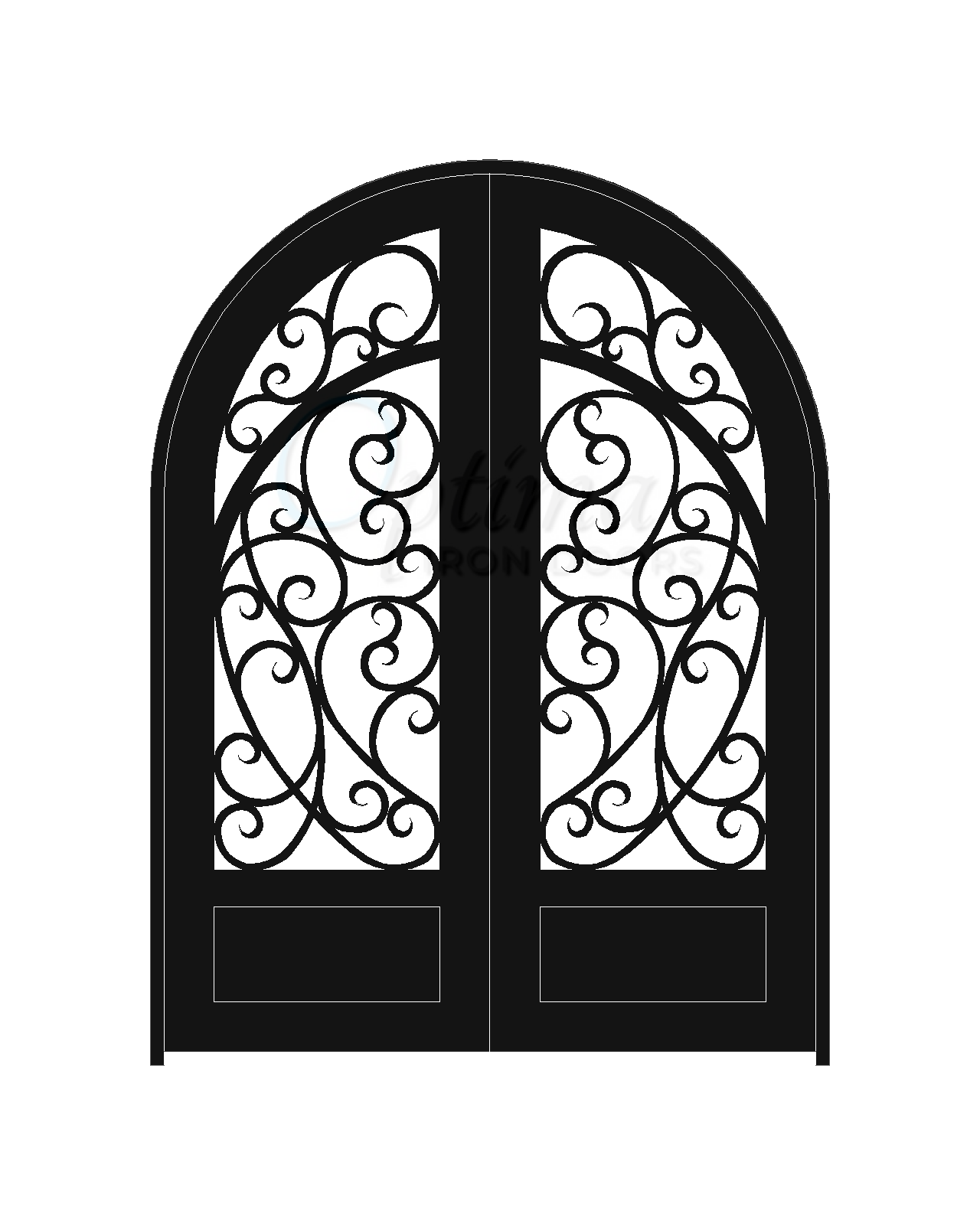 CHIARA Standard Profile Radius Top 3/4’s Lite Decorative Glass Double Iron Door