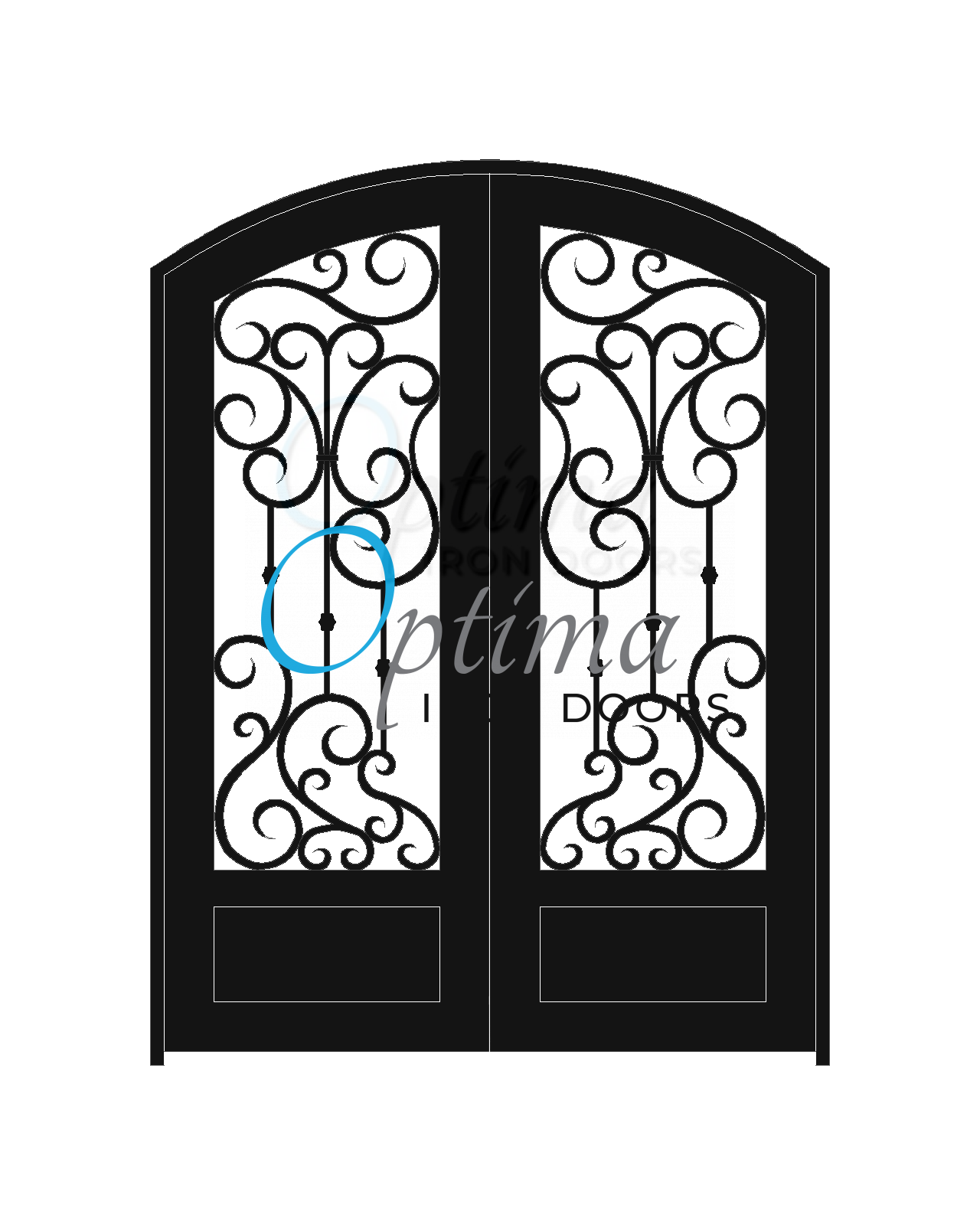 DAPHNE Standard Profile Arch Top 3/4’s Lite Decorative Glass Double Iron Door