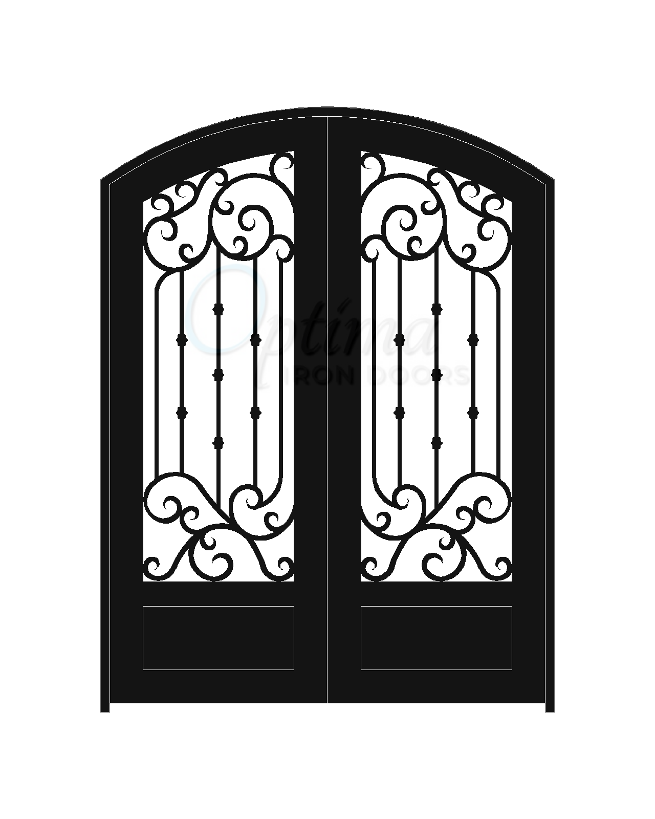 FIORELLA Standard Profile Arch Top 3/4’s Lite Decorative Glass Double Iron Door