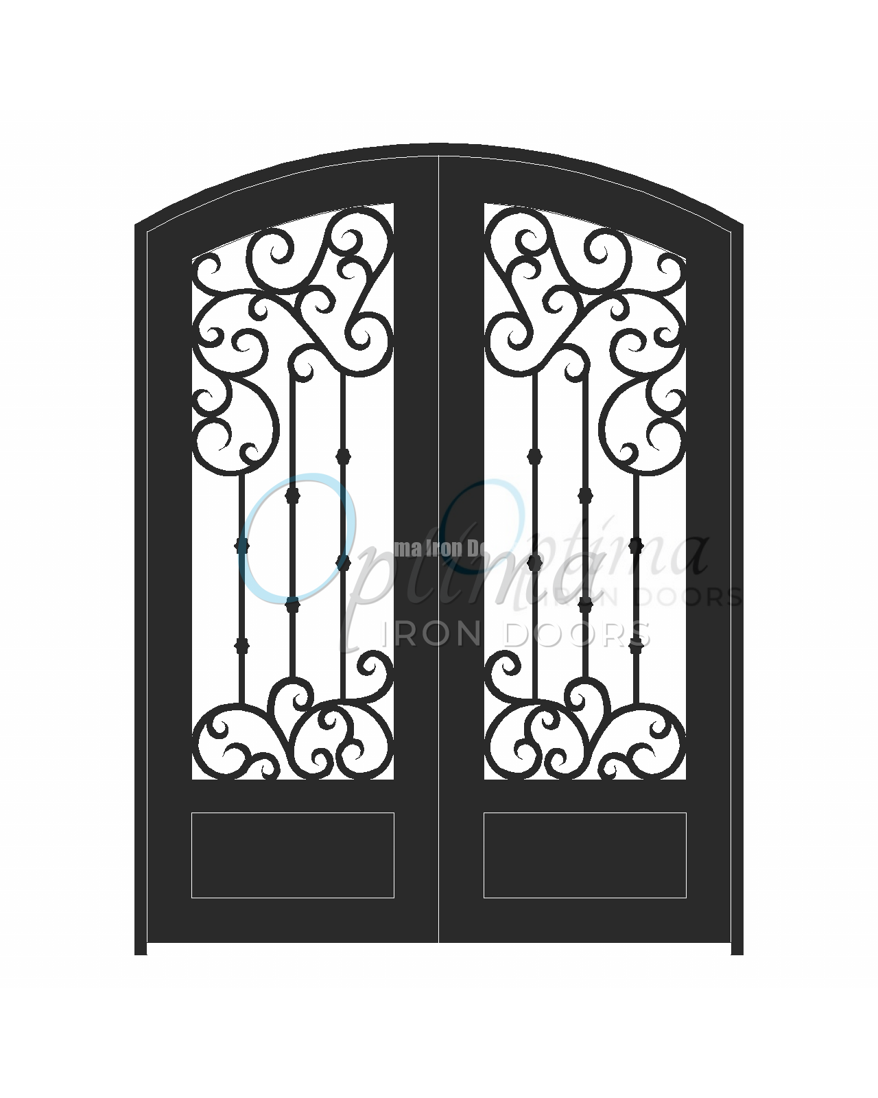 MARAGA Standard Profile Arch Top 3/4’s Lite Decorative Glass Double Iron Door