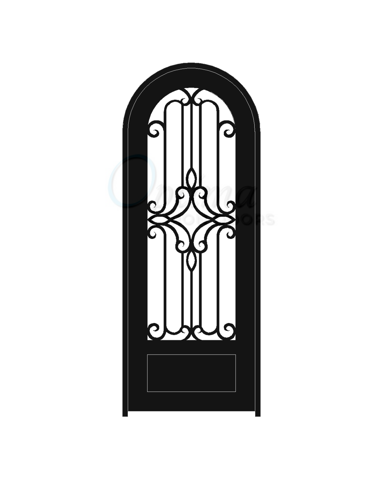 PRAGA Standard Profile Radius Top 3/4’s Lite Decorative Glass Single Iron Door