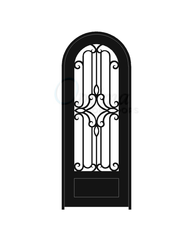 PRAGA Standard Profile Radius Top 3/4’s Lite Decorative Glass Single Iron Door