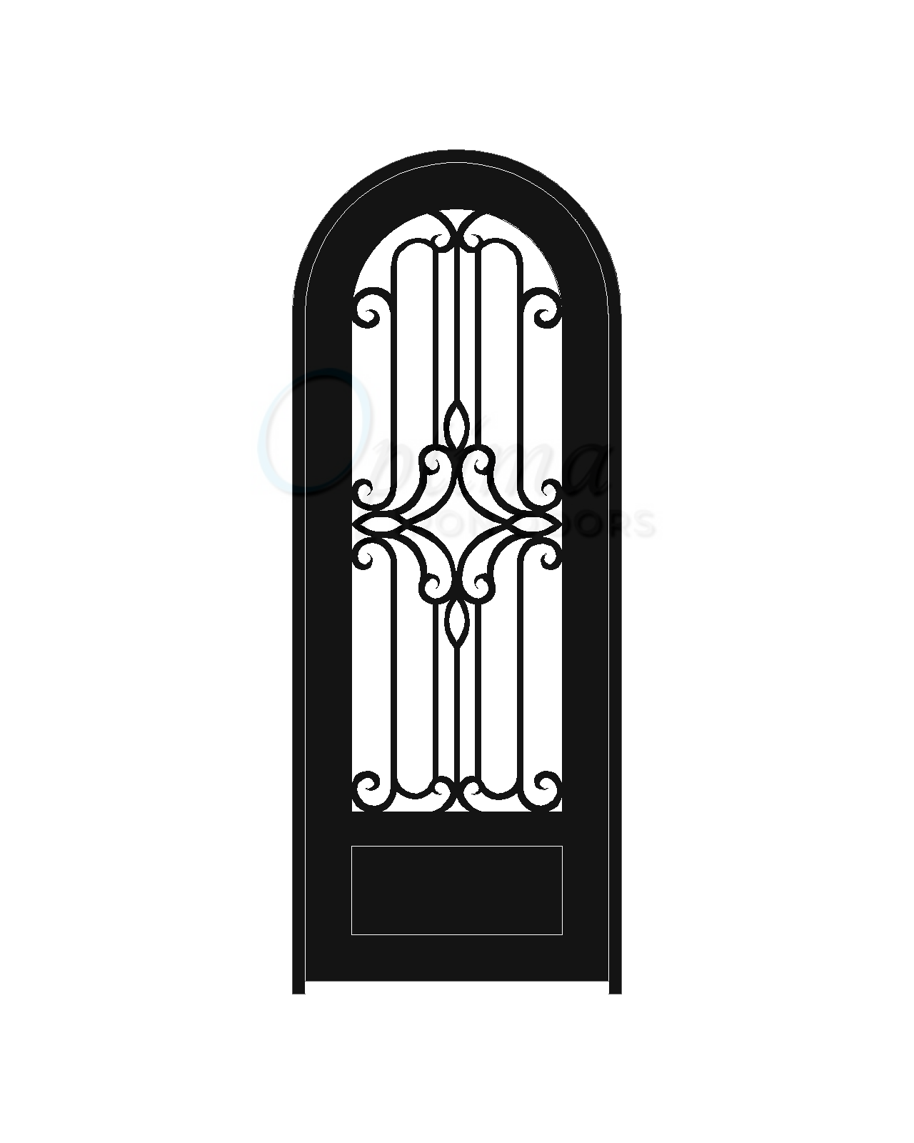 PRAGA Standard Profile Radius Top 3/4’s Lite Decorative Glass Single Iron Door