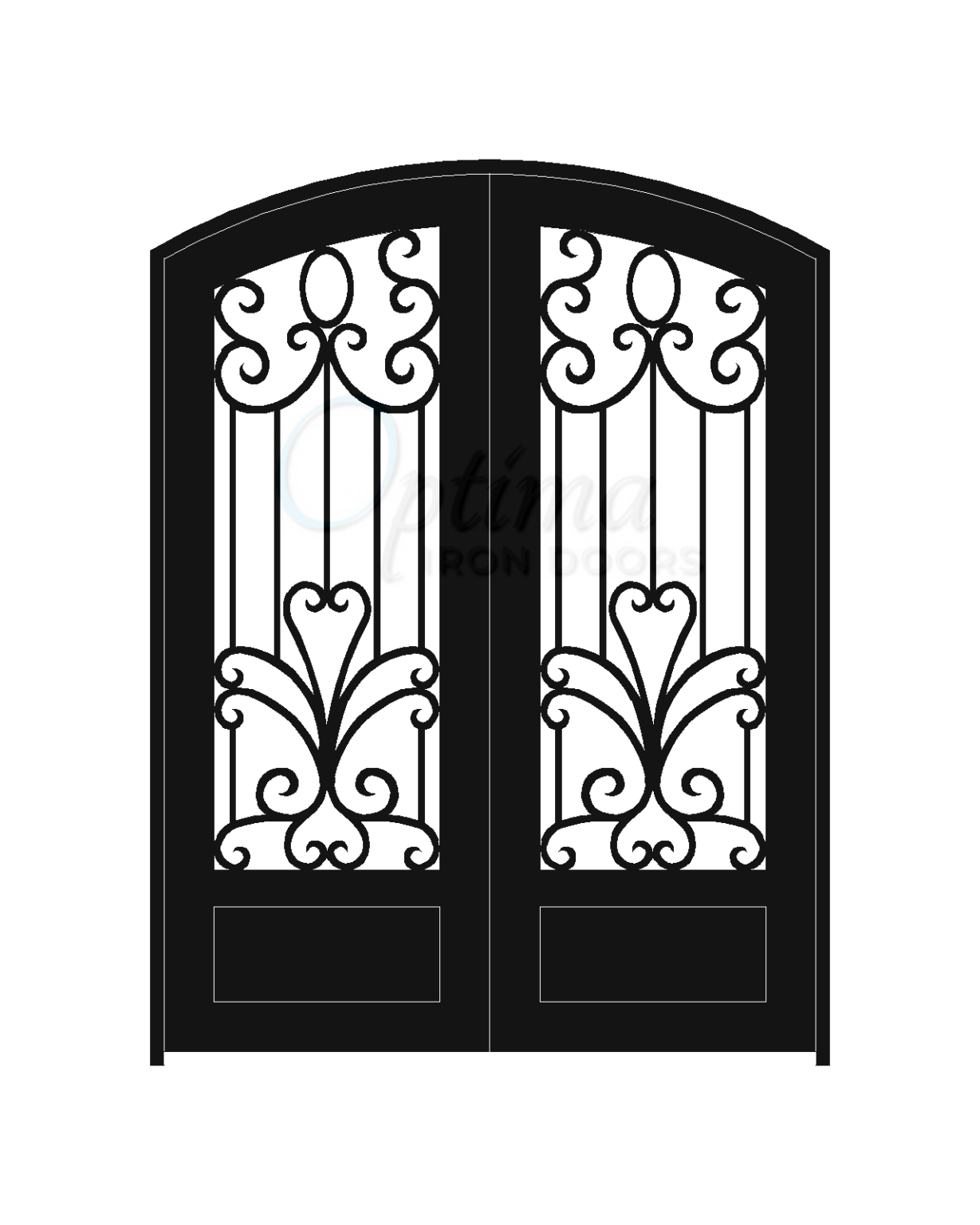 SOPHIA Standard Profile Arch Top 3/4’s Lite Decorative Glass Double Iron Door
