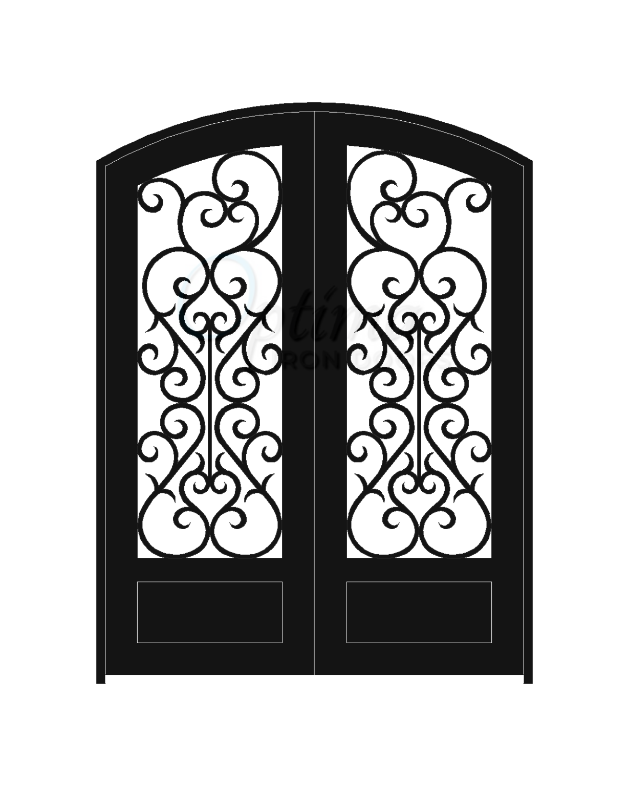 SYMPHONY Standard Profile Arch Top 3/4’s Lite Decorative Glass Double Iron Door