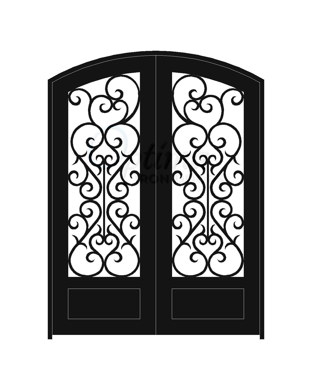 SYMPHONY Standard Profile Arch Top 3/4’s Lite Decorative Glass Double Iron Door